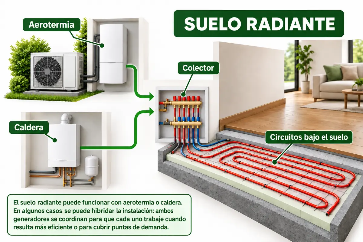 Infografía de suelo radiante con aerotermia o caldera, colector y circuitos bajo el suelo