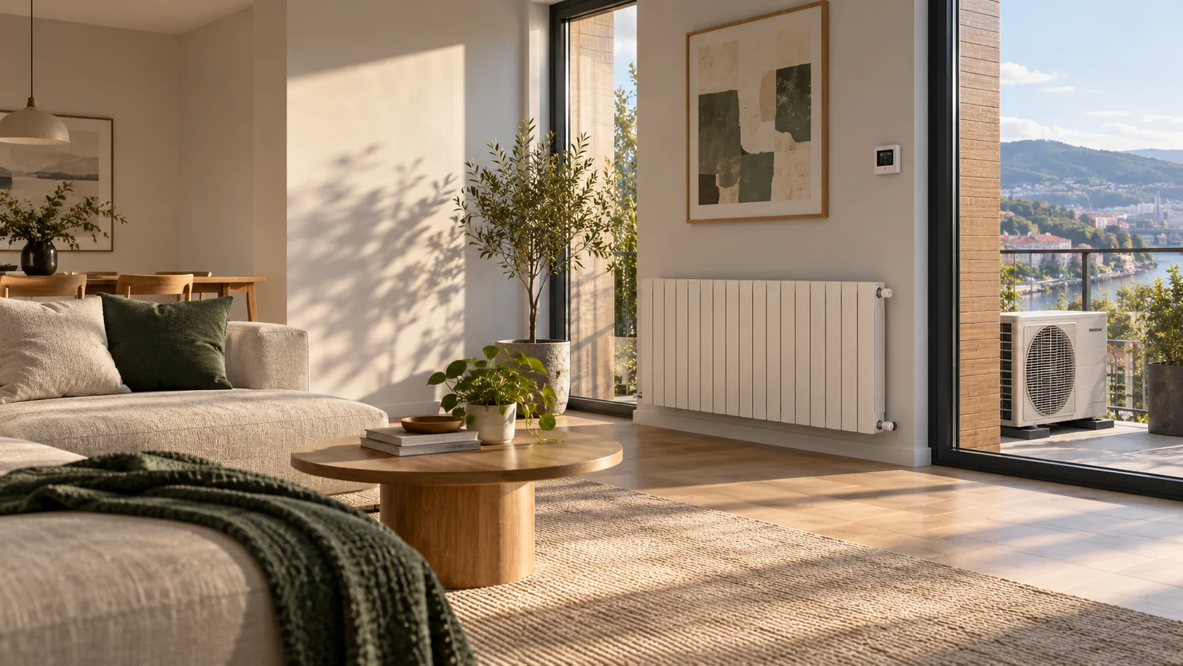 Vivienda confortable con radiador, control térmico y sistema de aerotermia